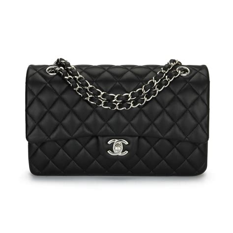 chanel classic double flap quilted lambskin silver-tone medium black|Chanel classic flap sizes.